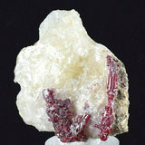 4.4CMS PROUSTITE RUBY SILVER TWIN CRYSTALS MOROCCO CALCITE MINERAL SPECIMEN HB1