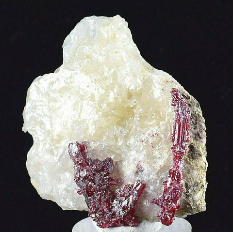4.4CMS PROUSTITE RUBY SILVER TWIN CRYSTALS MOROCCO CALCITE MINERAL SPECIMEN HB1