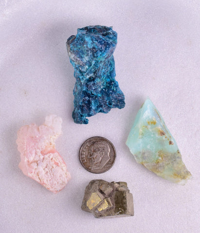4 MINERALS COLLECTION PYRITE BLUE OPAL PINK OPAL BLUE MALACHITE JB19