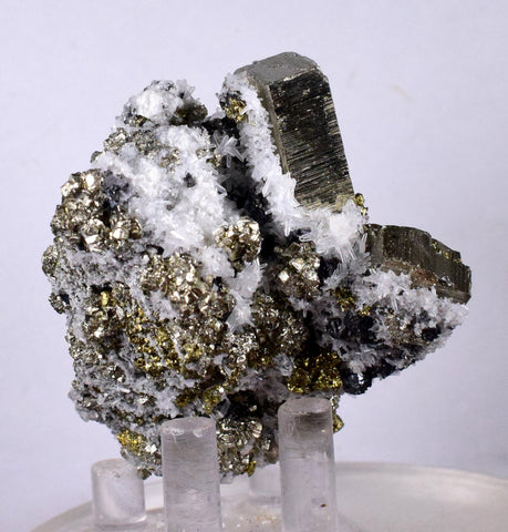 5.1cms PYRITE CUBIC QUARTZ CALCITE PERU SHINY CRYSTALS MINERAL COLLECTOR MB12