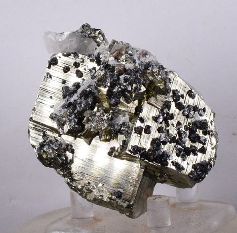 6.5cms PYRITE CUBIC QUARTZ CALCITE PERU SHINY CRYSTALS MINERAL COLLECTOR MB21