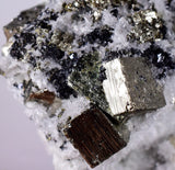 7.2cms PYRITE CUBIC QUARTZ CALCITE PERU SHINY CRYSTALS MINERAL COLLECTOR MB23