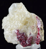 4.4CMS PROUSTITE RUBY SILVER TWIN CRYSTALS MOROCCO CALCITE MINERAL SPECIMEN HB1