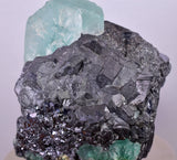 7.6cms GREEN FLUORITE PYRITE SPHALERITE CRYSTALS PERU MILPO PERU KB122