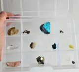 11  MINERALS COLLECTION Flat Pyrite Wholesale Peru Chrysocolla Agate Including Display Box J540