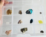 11  MINERALS COLLECTION Flat Pyrite Wholesale Peru Chrysocolla Agate Including Display Box J541