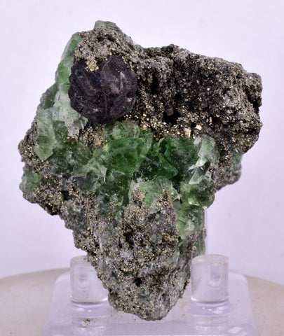 5.1cms GEOCRONITE GREEN FLUORITE Pyrite Quartz Crystal Peru Milpo Atacocha Shiny K88
